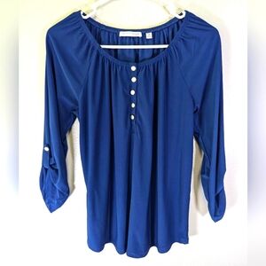 Notations women's blue top with silver accent buttons size petite medium